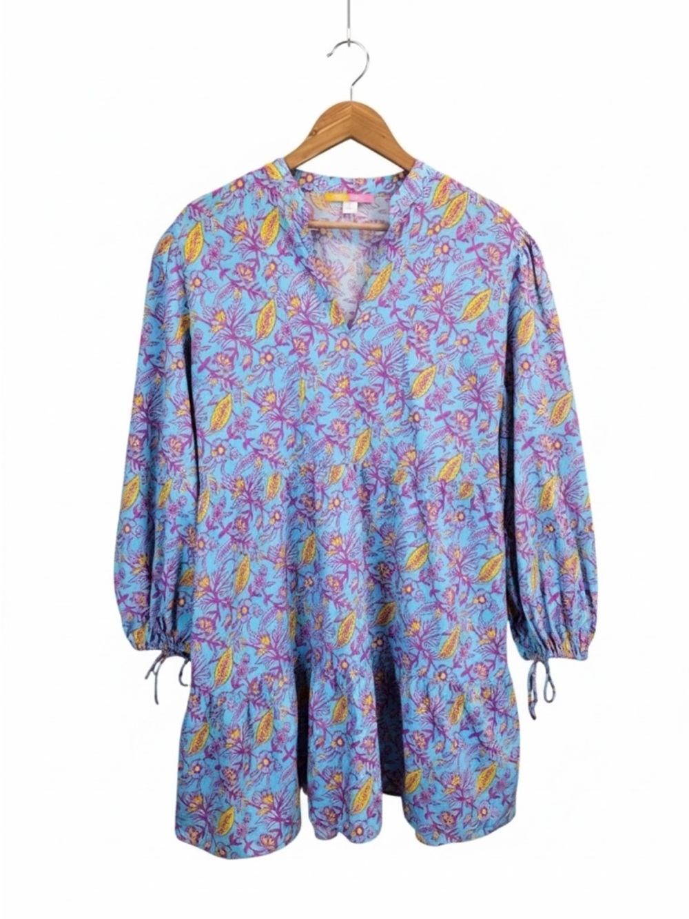 Briton Court Floral Mini Dress Large Colorful Tiered Boho Resort Dress Whimsical